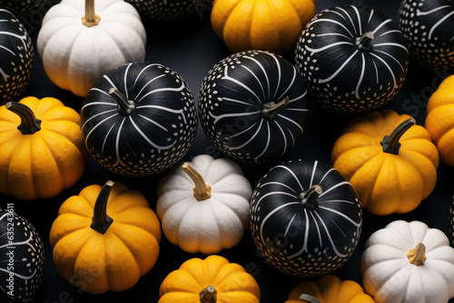 A pattern of black pumpkins each with a unique and spooky pattern of white or yellow lines on them.. Halloween background