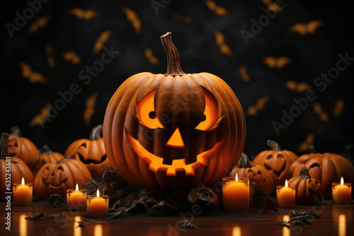A Jack OLantern surrounded by a Spiraling Array of Bats. Halloween background