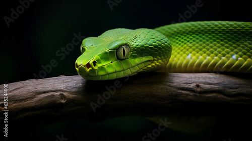 Green snake on the branch. AI Generative.