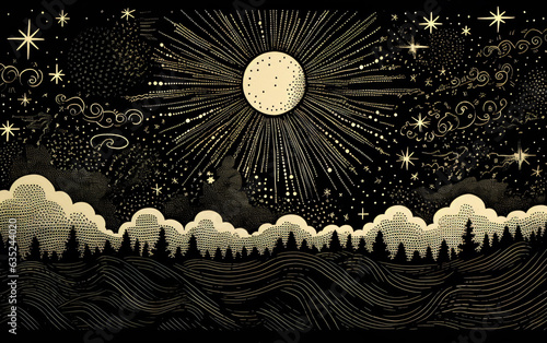 AI-generated illustration featuring a stylized depiction of the sun, inspired by the aesthetics of old tarot cards. Ancient wisdom and mystical knowledge. Ancient realm of spiritual exploration.