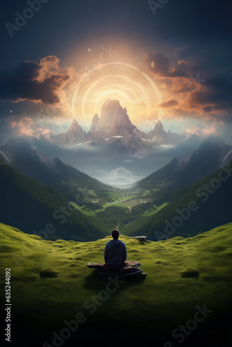 The AI-generated metaphor of inner peace that comes with meditation. A man sits atop a breathtaking landscape. An inspiration for those seeking spiritual growth. Self-discovery and enlightenment.