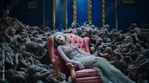 AI-generated photo of a woman asleep, surrounded by haunting nightmares. . A reminder of the profound importance of mental health and therapy. The path to inner peace is paved with good night\'s sleep.