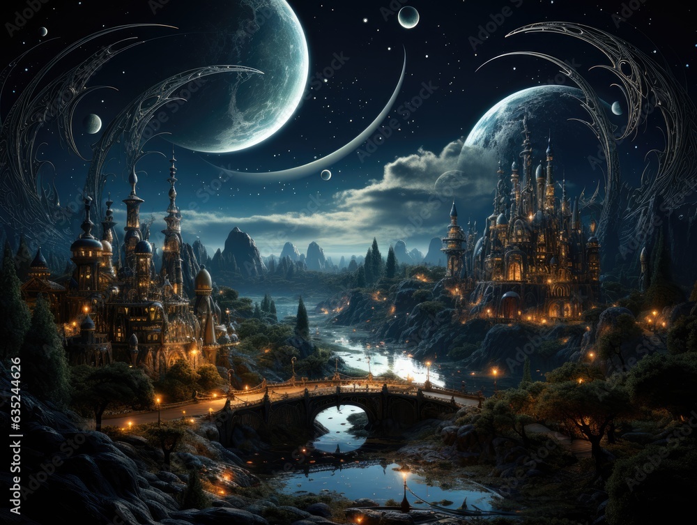 Obraz premium Illustration of a majestic castle and bridge illuminated under the night sky. Generative AI