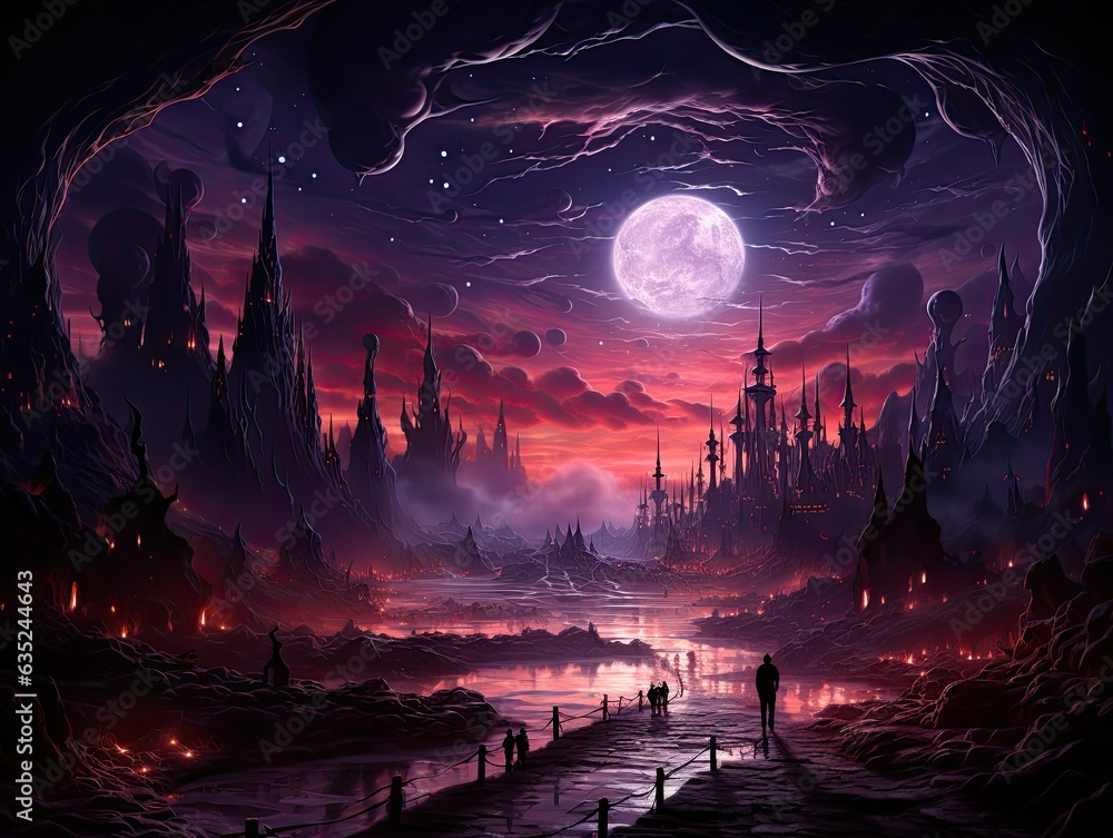 Illustration of a breathtaking fantasy landscape illuminated by the light of a full moon. Generative AI