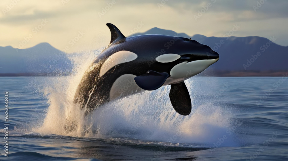 Fototapeta premium A magnificent killer whale jumping in drops of spray over the blue sea surface. AI Generative.