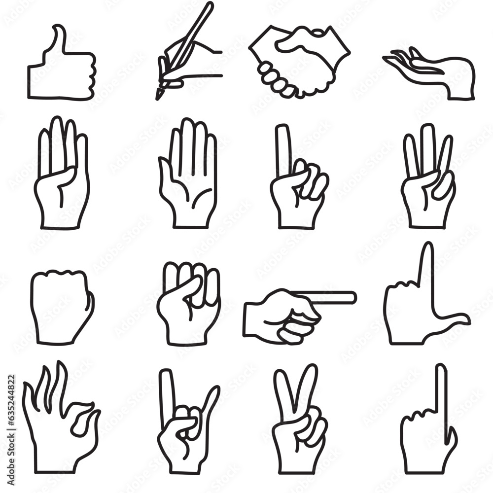 Hand gestures, icon set. Finger gesture, linear icons. Thumb up, ok
