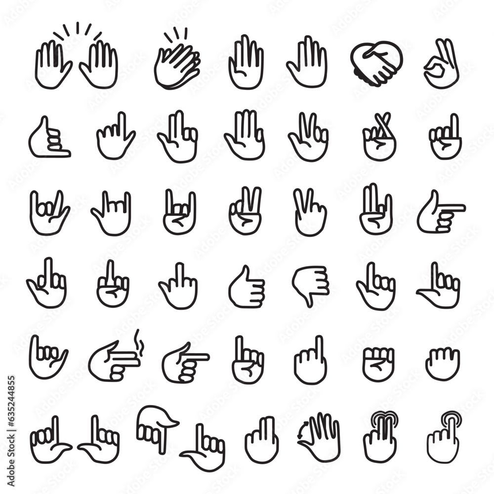 Hand gestures, icon set. Finger gesture, linear icons. Thumb up, ok