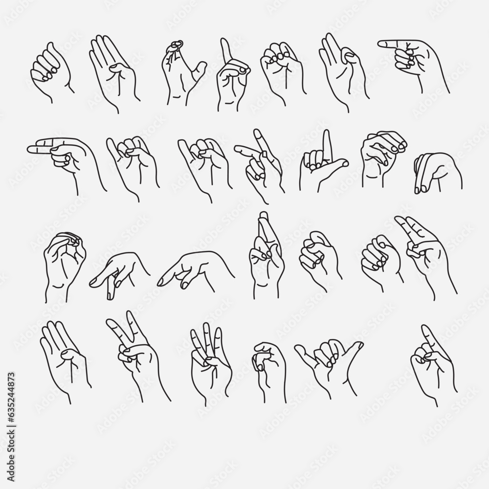 Hand gestures, icon set. Finger gesture, linear icons. Thumb up, ok