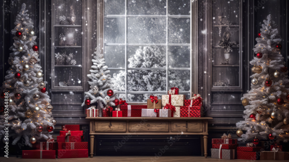 Stylish interior of living room with decorated Christmas tree. Christmas decoration. - obrazy, fototapety, plakaty 