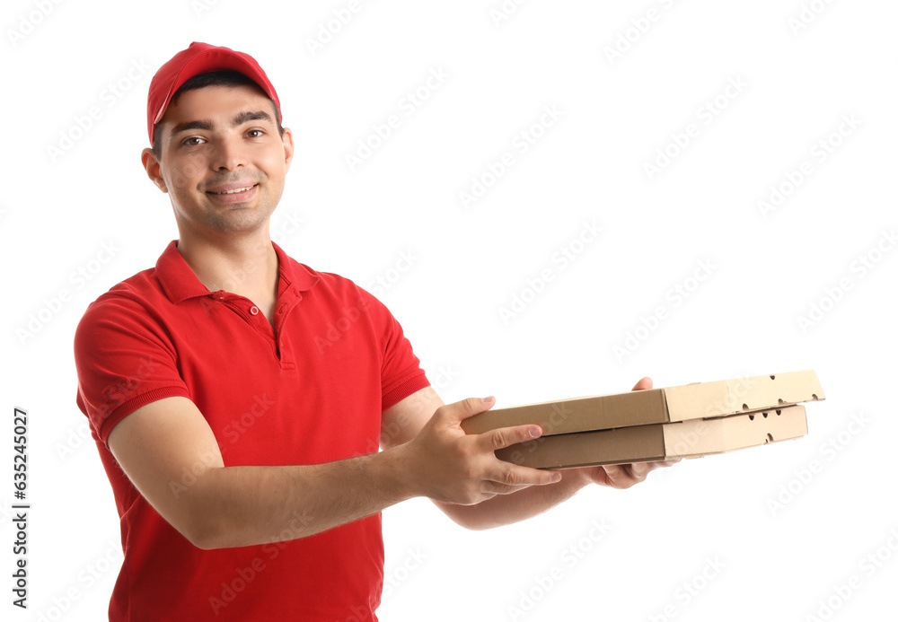 Male courier with pizza boxes on white background Male courier with pizza boxes on white background