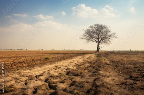 a dead tree in a dry field with clear sky