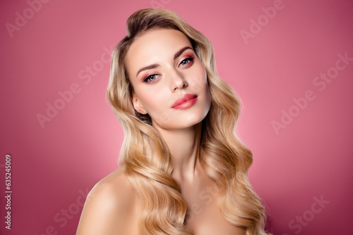 Photo of fancy classy lady girlfriend enjoy flawless pampering beauty procedure for date on pastel color background