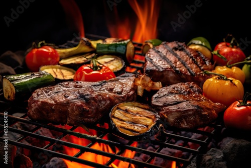 Assorted delicious grilled meat with vegetables over the coals on a barbecue