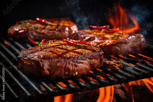 Beef steaks on the grill with flames