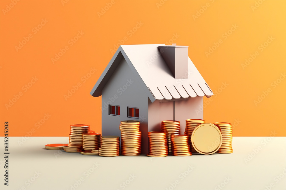A 3d cardboard house surrounded by gold coins on an orange background - obrazy, fototapety, plakaty 