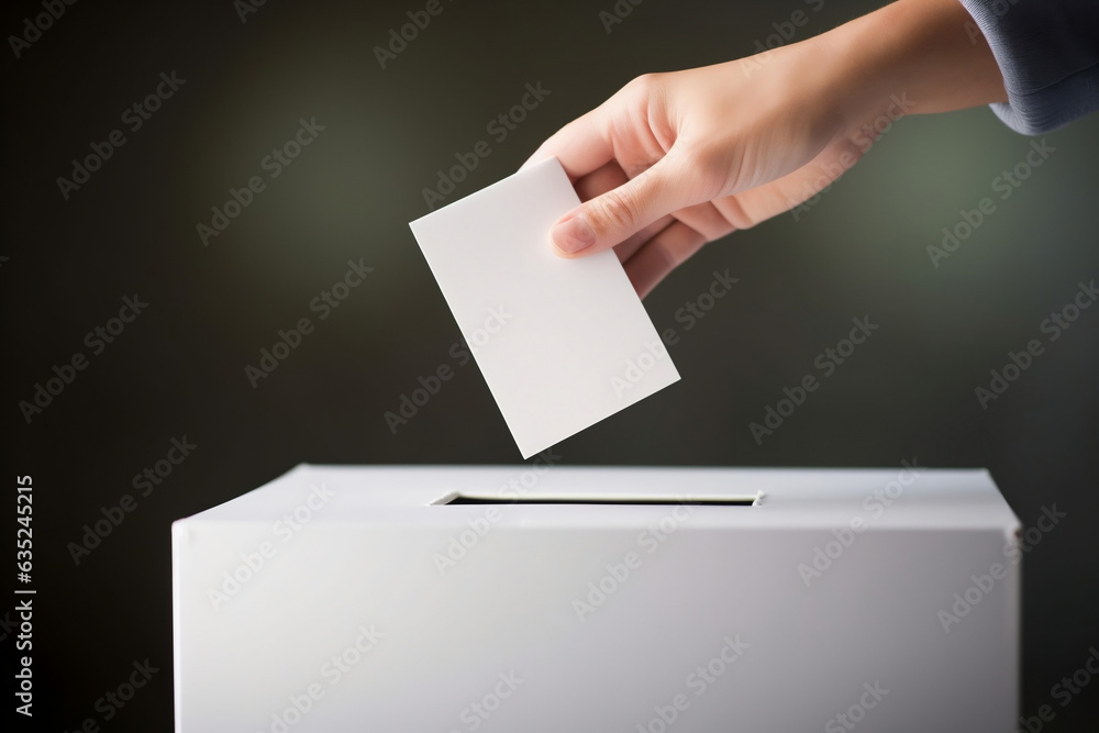 Closeup of a hand adding a blank paper slip into a ballot box for an election