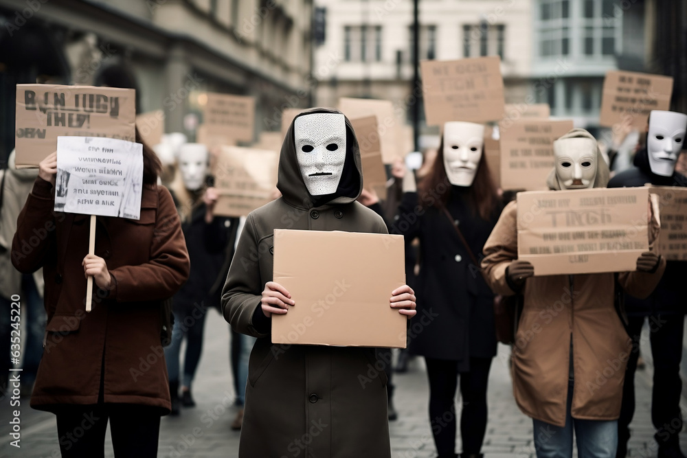 A protest group form in the street wearing masks and holding blank cardboard signs