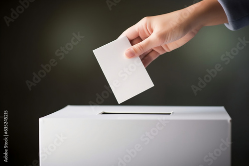 Obraz na płótnie Closeup of a hand adding a blank paper slip into a ballot box for an election w salonie