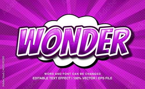 Wonder comic editable text effect template, 3d cartoon style typeface, premium vector