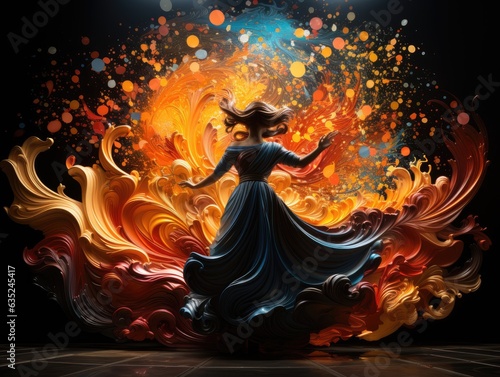 Illustration of a woman in a vibrant blue dress engulfed in flames. Generative AI