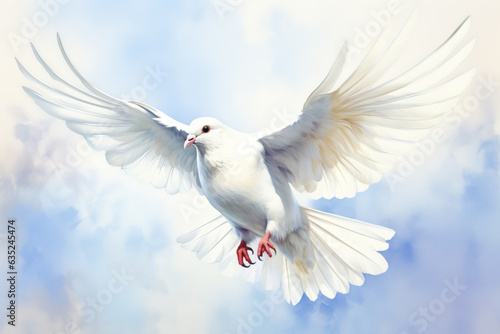 Flying white dove - symbol for peace. Watercolor bird illustration. Generative AI.