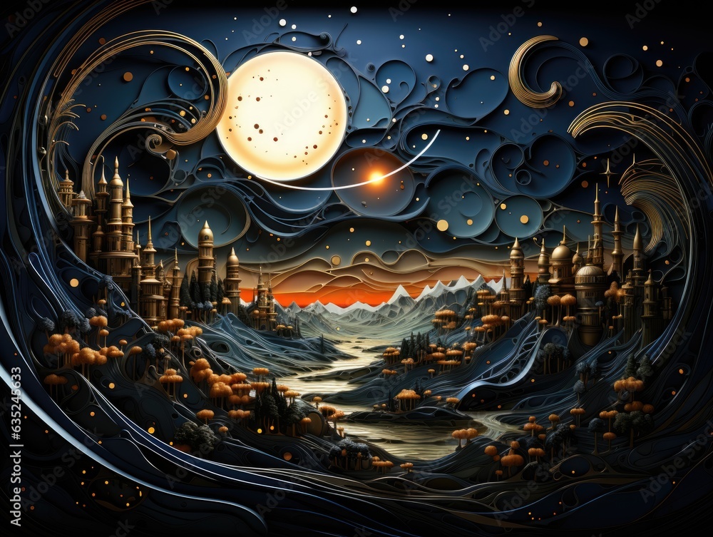 Illustration of a serene night scene with a glowing full moon. Generative AI