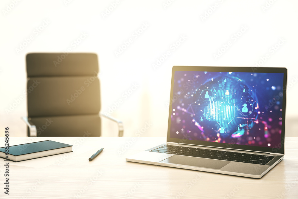Social network media concept with world map on modern computer monitor. 3D Rendering Social network media concept with world map on modern computer monitor. 3D Rendering