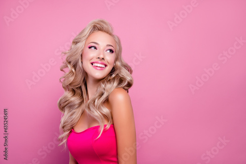 Photo of nice fancy lady look empty space enjoy doll style outfit sale over pink color background