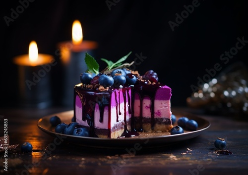 Blueberry cheesecake on a blur background photo