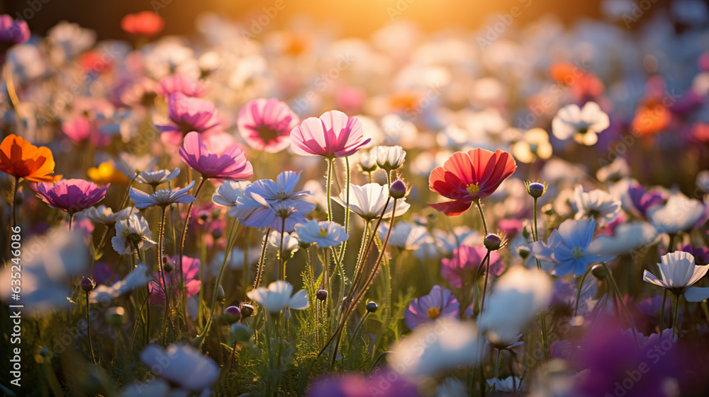 A field of colorful wildflowers in bloom. AI Generative.