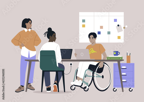 A team characterized by diversity and inclusivity engaged in a project discussion during their routine staff meeting