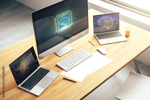 Creative artificial Intelligence concept with human brain hologram on modern laptop screen. 3D Rendering