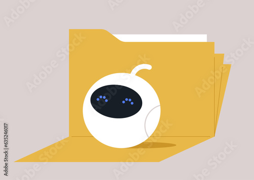 An adorable spherical robot arranging files neatly into folders, embodying the concept of an automated personal assistant