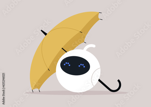 A charming white robot shielded by a yellow umbrella as protection against viruses