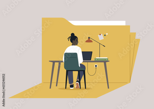 фотографія A young character meticulously curating their portfolio, assembling their projec