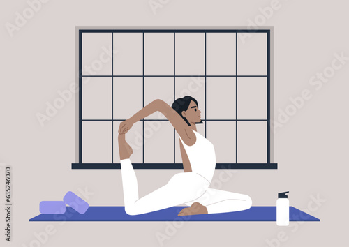 A youthful character engrossed in a yoga session, adopting the king pigeon pose, radiating serenity and tranquility