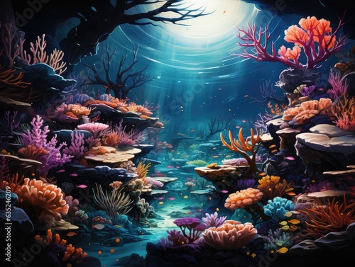 Illustration of an underwater painting with vibrant corals and marine life. Generative AI