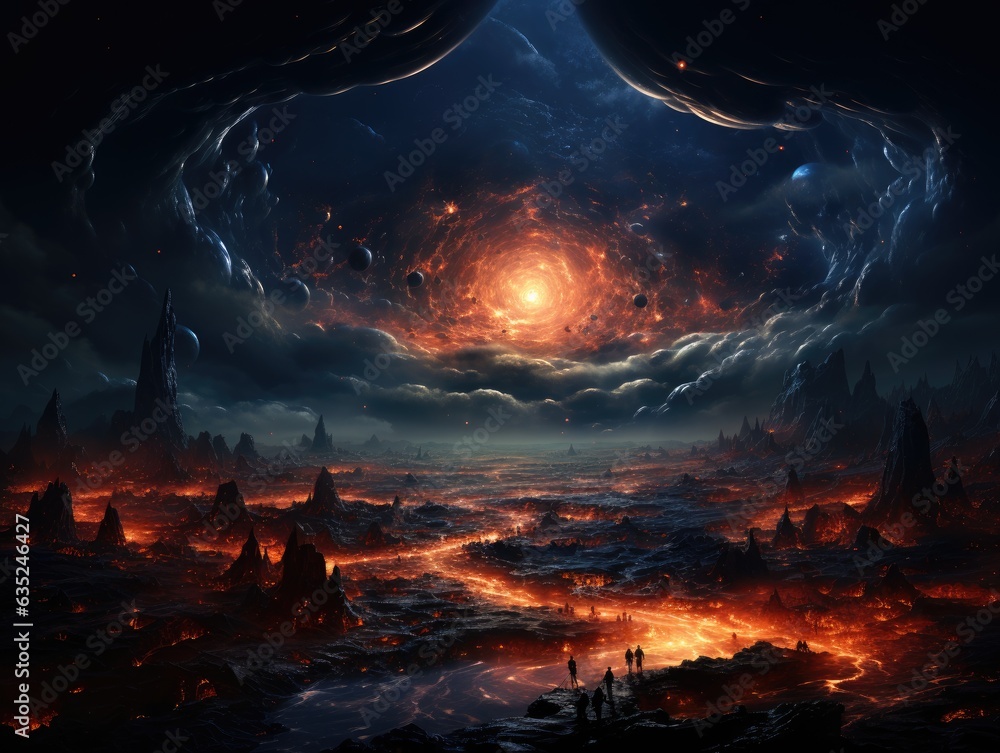 Illustration of a futuristic space station surrounded by a fiery lava landscape. Generative AI Illustration of a futuristic space station surrounded by a fiery lava landscape. Generative AI