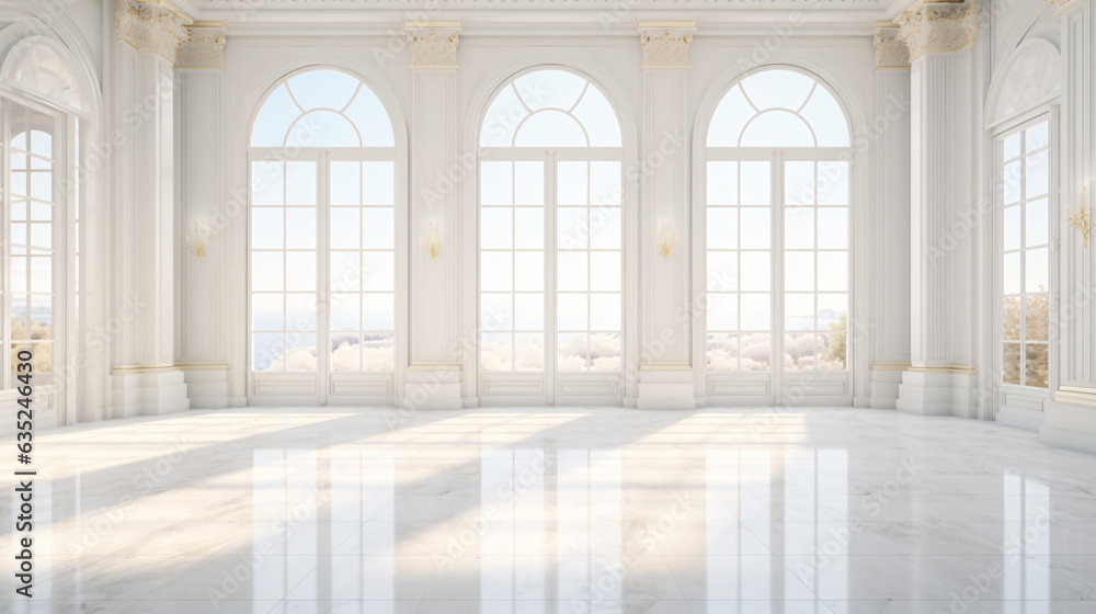 White Marble Luxury Palace Interior Room with Sunny Windows