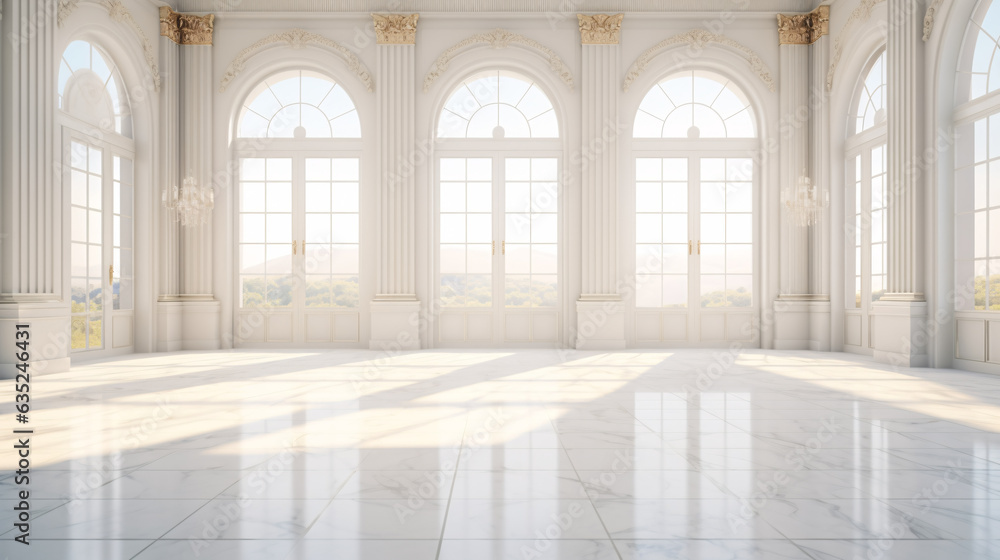 White Marble Luxury Palace Interior Room with Sunny Windows White Marble Luxury Palace Interior Room with Sunny Windows