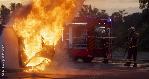 Firefighters fight the fire flame to control fire not to spreading out. Firefighter industrial and public safety concept. Traffic or car accident rescue and help action. 