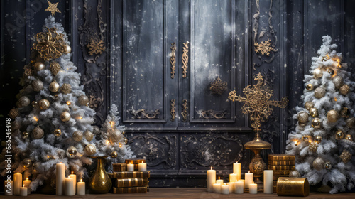 Stylish interior of living room with decorated Christmas tree. Christmas decoration. © zamuruev