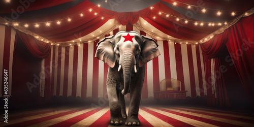 Striped background with elephant  Creative concept wallpaper of traveling circus with trained animals  circus poster. 3d render illustration style. 