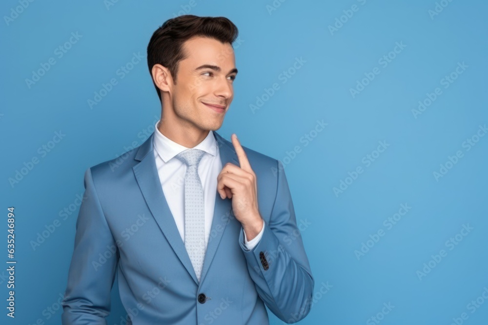 Portrait of a fictional young businessman in an elegant blue suit. Isolated on a plain background. Generative AI. Portrait of a fictional young businessman in an elegant blue suit. Isolated on a plain background. Generative AI.