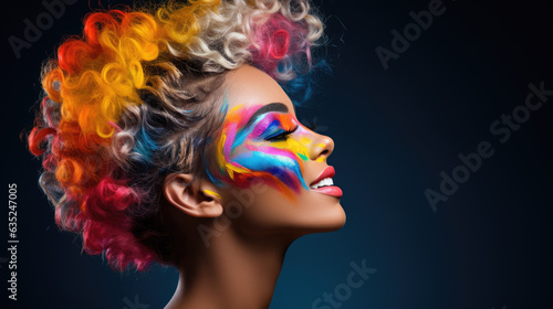 Obraz Beautiful woman with colorful makeup and face painted in rainbow colors, bodypaint party girl