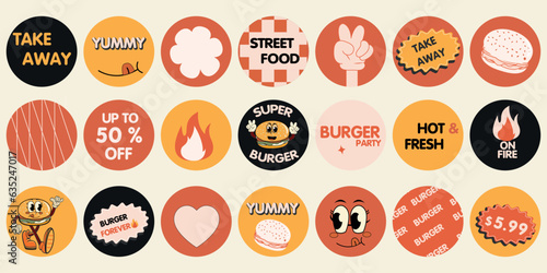 Burger retro cartoon fast food stickers. Comic character, slogan, quotes and other elements for burger bar, cafe, restaurant. Groovy funky  in trendy retro cartoon style. Vector illustration