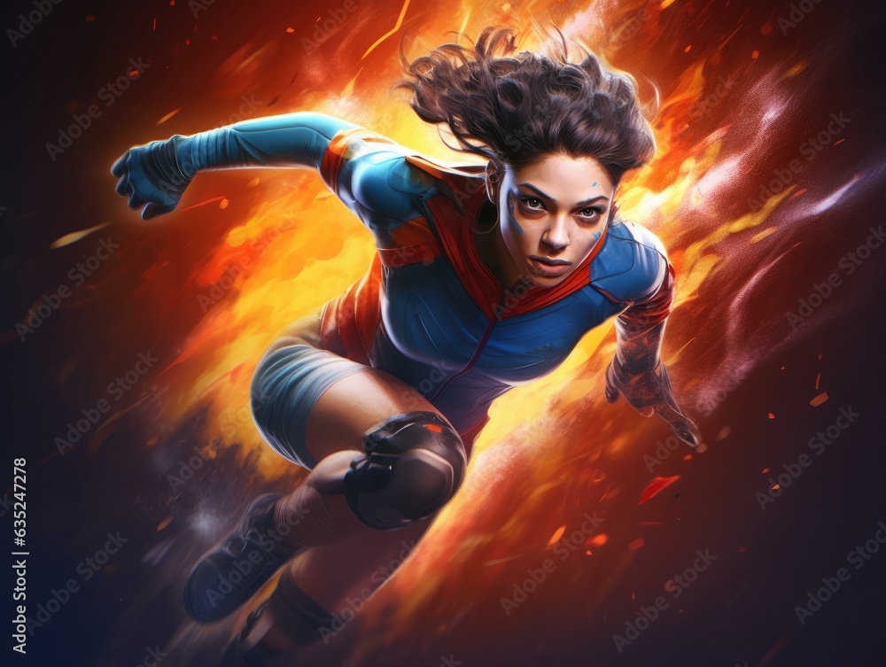 Illustration of a woman in a blue and red uniform running. Generative AI