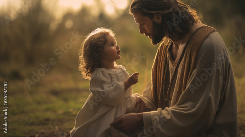 Biblical Jesus Christ with child, almighty god on earth