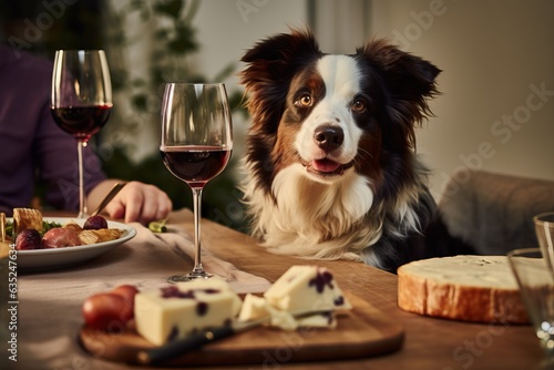 a dog is sitting at a table with people, food on the table, a home party © artem