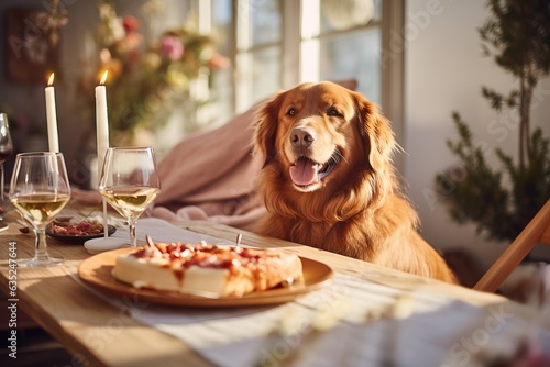 a dog is sitting at a table with people, food on the table, a home party